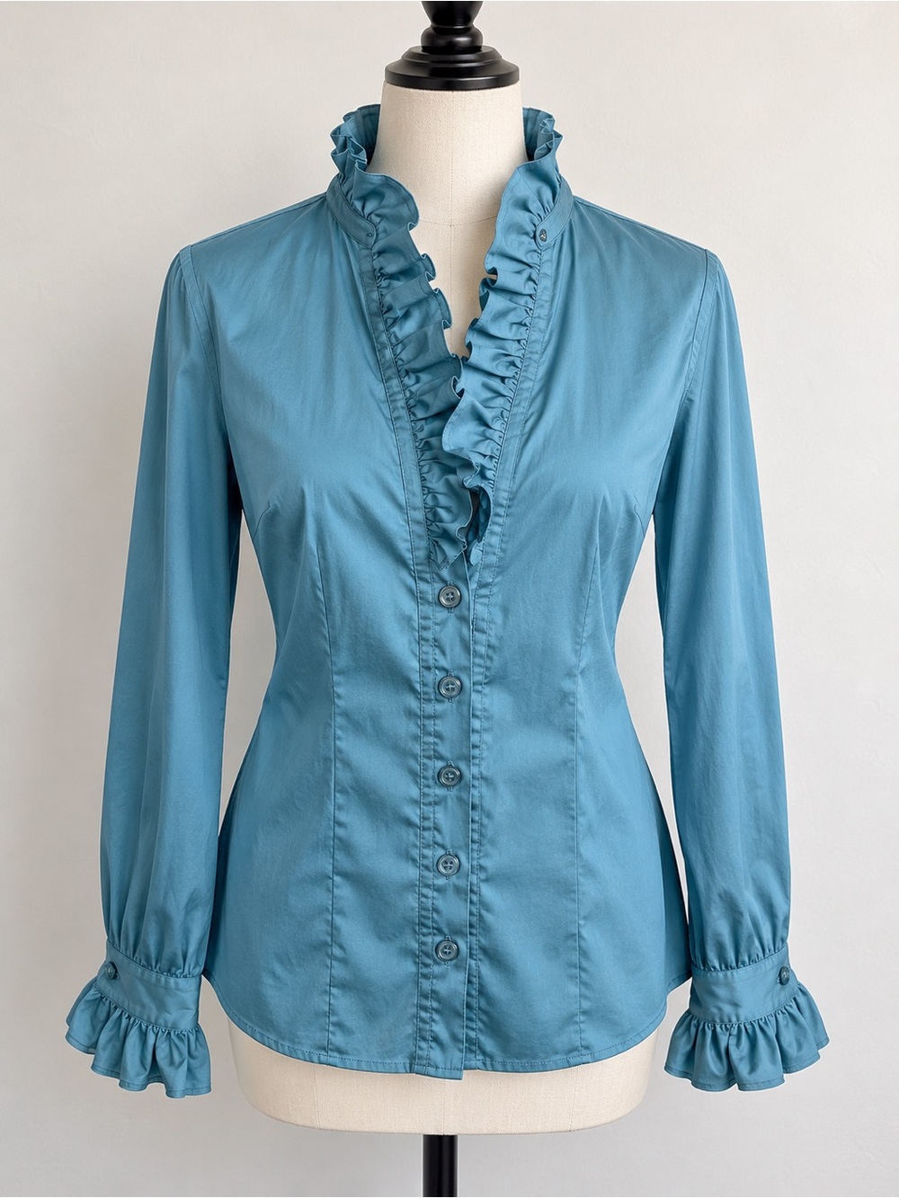 Soft Surroundings Teal Blue Ruffle Button Down Blouse Size L Cotton Stretch